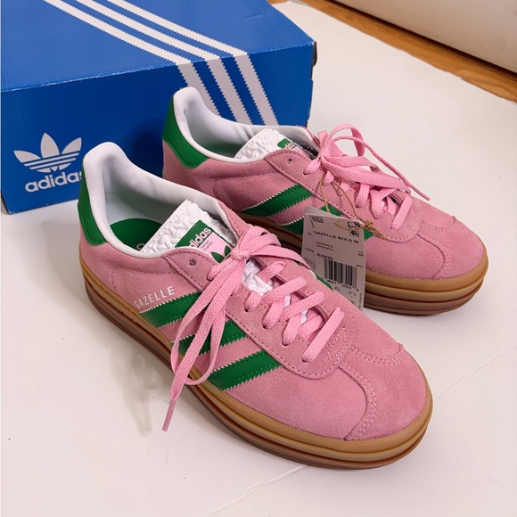 adidas Shoes - adidas Gazelle Bold Sneakers in Pink Suede with Green Stripes - Size 6